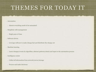 THEMES FOR TODAY IT
Automation
Almost everything needs to be automated
Simplicity with management
Single pane of class
Software driven
Leverage software to make change fast and distribute the change out
Machine learning
Learn changes/events by algorithm, abstract patterns/attack and input to the automation process
Intelligence center
Collect all information from network/server/storage
Process and make decisions
 