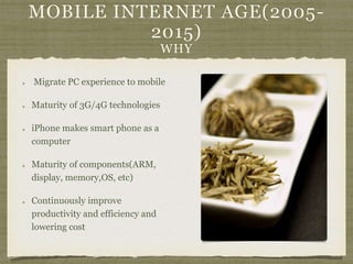 MOBILE INTERNET AGE(2005-
2015)
WHY
Migrate PC experience to mobile
Maturity of 3G/4G technologies
iPhone makes smart phone as a
computer
Maturity of components(ARM,
display, memory,OS, etc)
Continuously improve
productivity and efficiency and
lowering cost
 