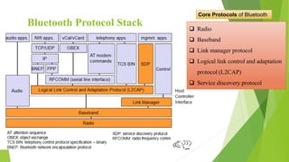 Bluetooth Protocol Stack  Radio
 Baseband
 Link manager protocol
 Logical link control and adaptation
protocol (L2CAP)
 Service discovery protocol
Core Protocols of Bluetooth
 