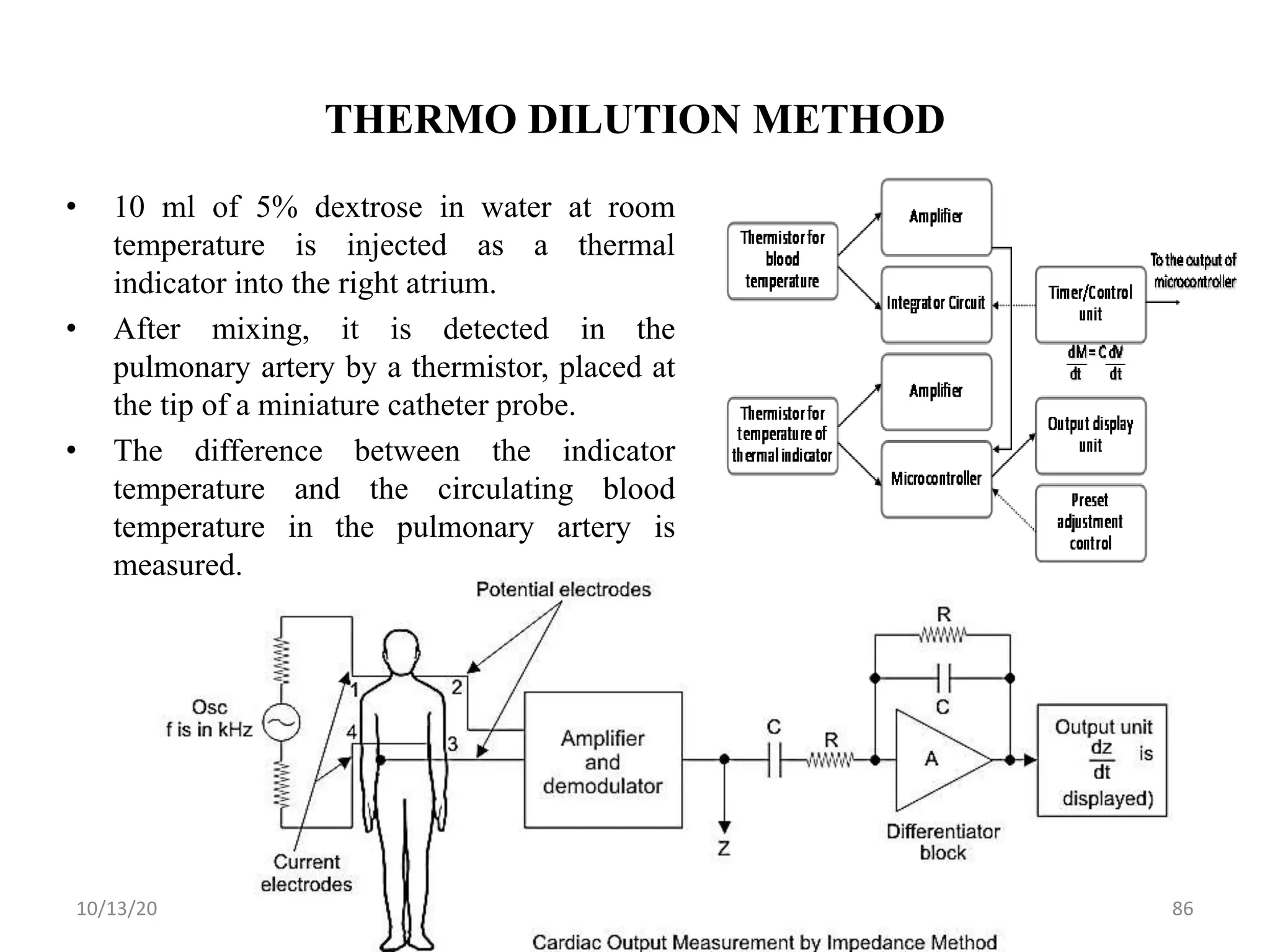 THERMO DILUTION METHOD
• 10 ml of 5% dextrose in water at room
temperature is injected as a thermal
indicator into the right atrium.
• After mixing, it is detected in the
pulmonary artery by a thermistor, placed at
the tip of a miniature catheter probe.
• The difference between the indicator
temperature and the circulating blood
temperature in the pulmonary artery is
measured.
10/13/2020 Karpagam Insitute of Technology 86
 