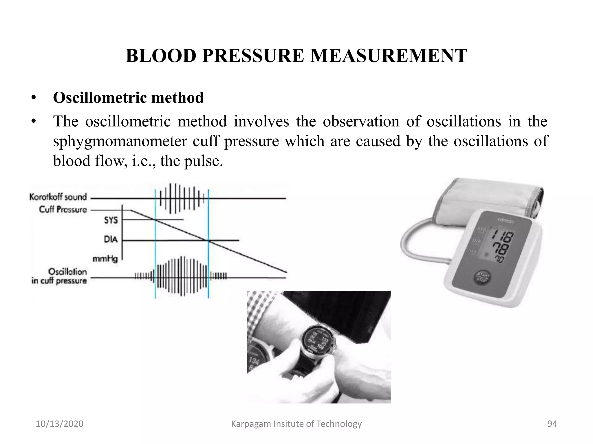 BLOOD PRESSURE MEASUREMENT
• Oscillometric method
• The oscillometric method involves the observation of oscillations in the
sphygmomanometer cuff pressure which are caused by the oscillations of
blood flow, i.e., the pulse.
10/13/2020 Karpagam Insitute of Technology 94
 