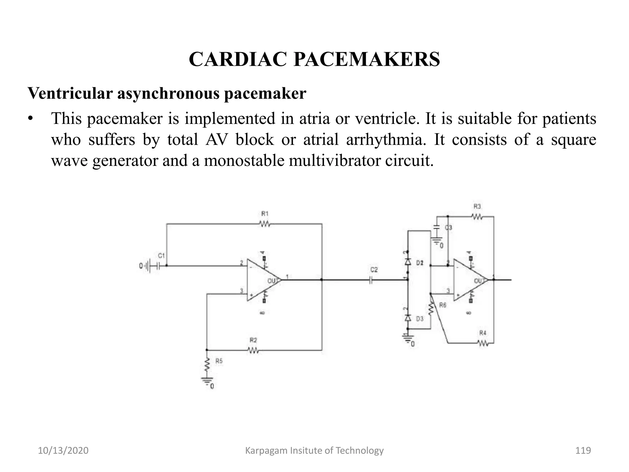 CARDIAC PACEMAKERS
Ventricular asynchronous pacemaker
• This pacemaker is implemented in atria or ventricle. It is suitable for patients
who suffers by total AV block or atrial arrhythmia. It consists of a square
wave generator and a monostable multivibrator circuit.
10/13/2020 Karpagam Insitute of Technology 119
 