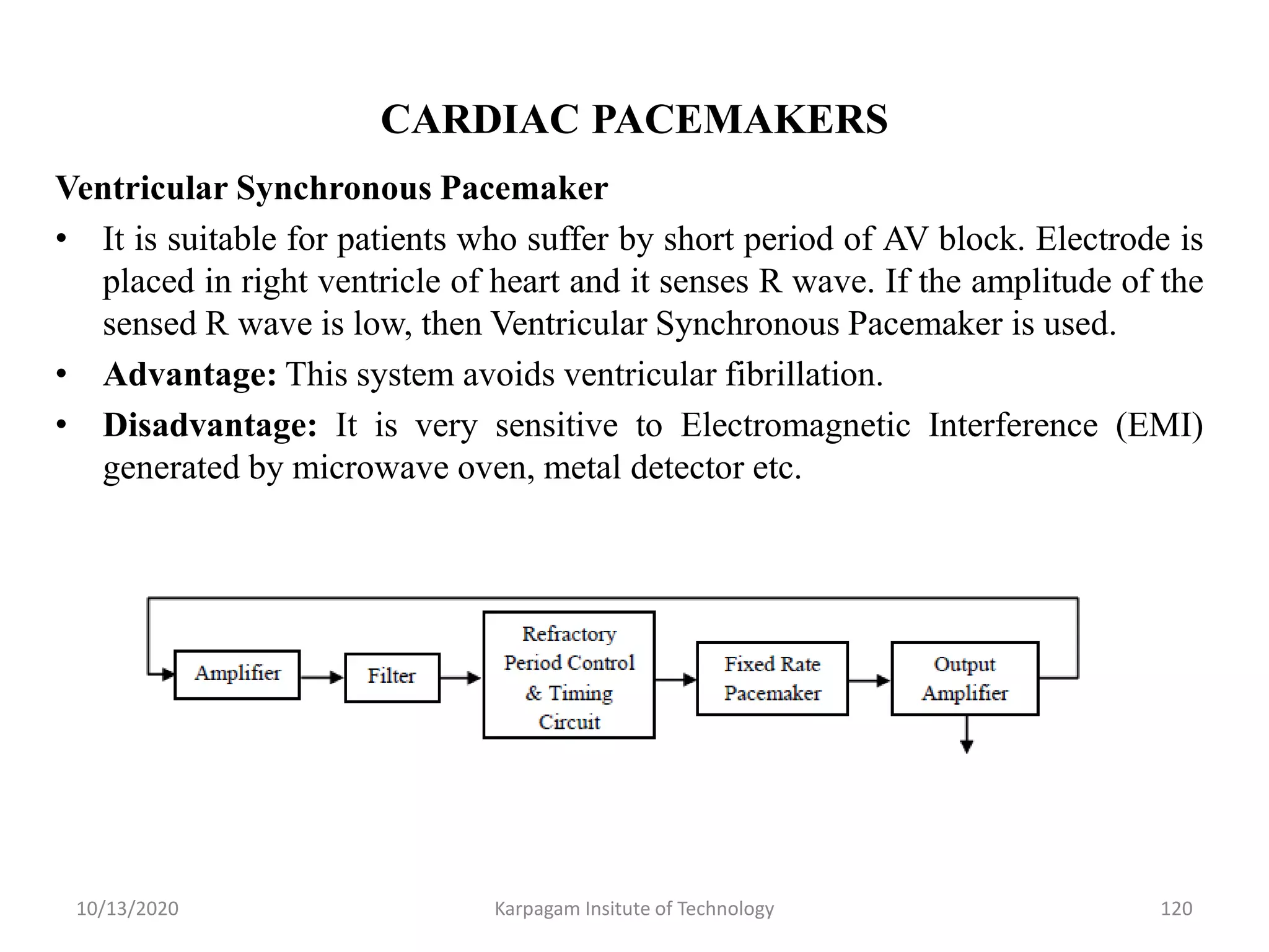 CARDIAC PACEMAKERS
Ventricular Synchronous Pacemaker
• It is suitable for patients who suffer by short period of AV block. Electrode is
placed in right ventricle of heart and it senses R wave. If the amplitude of the
sensed R wave is low, then Ventricular Synchronous Pacemaker is used.
• Advantage: This system avoids ventricular fibrillation.
• Disadvantage: It is very sensitive to Electromagnetic Interference (EMI)
generated by microwave oven, metal detector etc.
10/13/2020 Karpagam Insitute of Technology 120
 