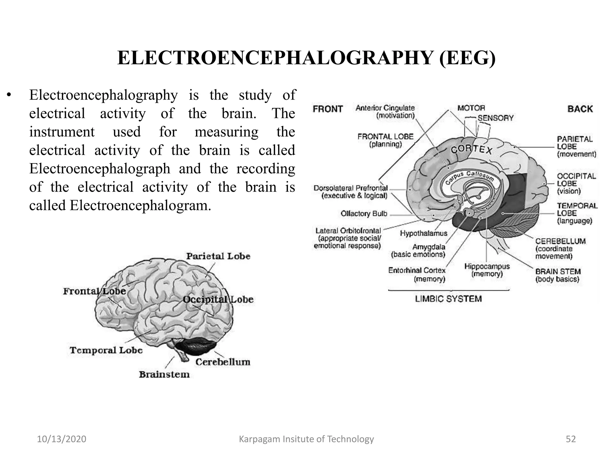 ELECTROENCEPHALOGRAPHY (EEG)
• Electroencephalography is the study of
electrical activity of the brain. The
instrument used for measuring the
electrical activity of the brain is called
Electroencephalograph and the recording
of the electrical activity of the brain is
called Electroencephalogram.
10/13/2020 Karpagam Insitute of Technology 52
 