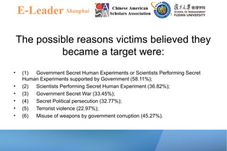 The possible reasons victims believed they
became a target were:
• (1) Government Secret Human Experiments or Scientists Performing Secret
Human Experiments supported by Government (58.11%);
• (2) Scientists Performing Secret Human Experiment (36.82%);
• (3) Government Secret War (33.45%);
• (4) Secret Political persecution (32.77%);
• (5) Terrorist violence (22.97%);
• (6) Misuse of weapons by government corruption (45.27%).
 