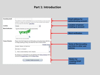 Part 1: Introduction
Email address for
authenticating account
Location of person
creating an account
Word verification
Terms of Service policy
and links to other user
policies
Button for
creating Gmail
account
 