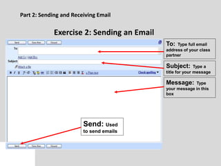 Part 2: Sending and Receiving Email
Exercise 2: Sending an Email
To: Type full email
address of your class
partner
Subject: Type a
title for your message
Message: Type
your message in this
box
Send: Used
to send emails
 