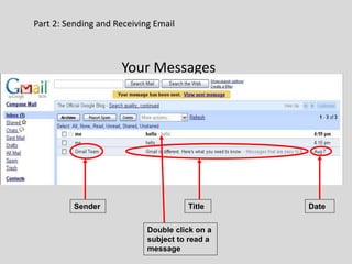 Part 2: Sending and Receiving Email
Your Messages
TitleSender Date
Double click on a
subject to read a
message
 