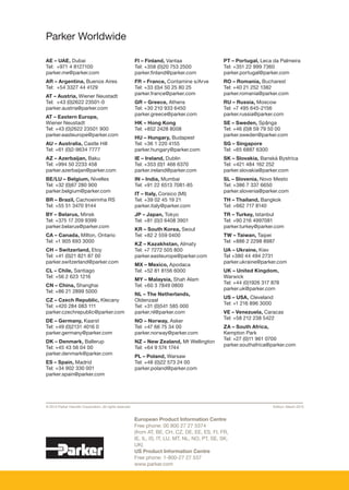 Edition: March 2013© 2013 Parker Hanniﬁn Corporation. All rights reserved.
European Product Information Centre
Free phone: 00 800 27 27 5374
(from AT, BE, CH, CZ, DE, EE, ES, FI, FR,
IE, IL, IS, IT, LU, MT, NL, NO, PT, SE, SK,
UK)
US Product Information Centre
Free phone: 1-800-27 27 537
www.parker.com
AE – UAE, Dubai
Tel: +971 4 8127100
parker.me@parker.com
AR – Argentina, Buenos Aires
Tel: +54 3327 44 4129
AT – Austria, Wiener Neustadt
Tel: +43 (0)2622 23501-0
parker.austria@parker.com
AT – Eastern Europe,
Wiener Neustadt
Tel: +43 (0)2622 23501 900
parker.easteurope@parker.com
AU – Australia, Castle Hill
Tel: +61 (0)2-9634 7777
AZ – Azerbaijan, Baku
Tel: +994 50 2233 458
parker.azerbaijan@parker.com
BE/LU – Belgium, Nivelles
Tel: +32 (0)67 280 900
parker.belgium@parker.com
BR – Brazil, Cachoeirinha RS
Tel: +55 51 3470 9144
BY – Belarus, Minsk
Tel: +375 17 209 9399
parker.belarus@parker.com
CA – Canada, Milton, Ontario
Tel: +1 905 693 3000
CH – Switzerland, Etoy
Tel: +41 (0)21 821 87 00
parker.switzerland@parker.com
CL – Chile, Santiago
Tel: +56 2 623 1216
CN – China, Shanghai
Tel: +86 21 2899 5000
CZ – Czech Republic, Klecany
Tel: +420 284 083 111
parker.czechrepublic@parker.com
DE – Germany, Kaarst
Tel: +49 (0)2131 4016 0
parker.germany@parker.com
DK – Denmark, Ballerup
Tel: +45 43 56 04 00
parker.denmark@parker.com
ES – Spain, Madrid
Tel: +34 902 330 001
parker.spain@parker.com
FI – Finland, Vantaa
Tel: +358 (0)20 753 2500
parker.finland@parker.com
FR – France, Contamine s/Arve
Tel: +33 (0)4 50 25 80 25
parker.france@parker.com
GR – Greece, Athens
Tel: +30 210 933 6450
parker.greece@parker.com
HK – Hong Kong
Tel: +852 2428 8008
HU – Hungary, Budapest
Tel: +36 1 220 4155
parker.hungary@parker.com
IE – Ireland, Dublin
Tel: +353 (0)1 466 6370
parker.ireland@parker.com
IN – India, Mumbai
Tel: +91 22 6513 7081-85
IT – Italy, Corsico (MI)
Tel: +39 02 45 19 21
parker.italy@parker.com
JP – Japan, Tokyo
Tel: +81 (0)3 6408 3901
KR – South Korea, Seoul
Tel: +82 2 559 0400
KZ – Kazakhstan, Almaty
Tel: +7 7272 505 800
parker.easteurope@parker.com
MX – Mexico, Apodaca
Tel: +52 81 8156 6000
MY – Malaysia, Shah Alam
Tel: +60 3 7849 0800
NL – The Netherlands,
Oldenzaal
Tel: +31 (0)541 585 000
parker.nl@parker.com
NO – Norway, Asker
Tel: +47 66 75 34 00
parker.norway@parker.com
NZ – New Zealand, Mt Wellington
Tel: +64 9 574 1744
PL – Poland, Warsaw
Tel: +48 (0)22 573 24 00
parker.poland@parker.com
Parker Worldwide
PT – Portugal, Leca da Palmeira
Tel: +351 22 999 7360
parker.portugal@parker.com
RO – Romania, Bucharest
Tel: +40 21 252 1382
parker.romania@parker.com
RU – Russia, Moscow
Tel: +7 495 645-2156
parker.russia@parker.com
SE – Sweden, Spånga
Tel: +46 (0)8 59 79 50 00
parker.sweden@parker.com
SG – Singapore
Tel: +65 6887 6300
SK – Slovakia, Banská Bystrica
Tel: +421 484 162 252
parker.slovakia@parker.com
SL – Slovenia, Novo Mesto
Tel: +386 7 337 6650
parker.slovenia@parker.com
TH – Thailand, Bangkok
Tel: +662 717 8140
TR – Turkey, Istanbul
Tel: +90 216 4997081
parker.turkey@parker.com
TW – Taiwan, Taipei
Tel: +886 2 2298 8987
UA – Ukraine, Kiev
Tel +380 44 494 2731
parker.ukraine@parker.com
UK – United Kingdom,
Warwick
Tel: +44 (0)1926 317 878
parker.uk@parker.com
US – USA, Cleveland
Tel: +1 216 896 3000
VE – Venezuela, Caracas
Tel: +58 212 238 5422
ZA – South Africa,
Kempton Park
Tel: +27 (0)11 961 0700
parker.southafrica@parker.com
 