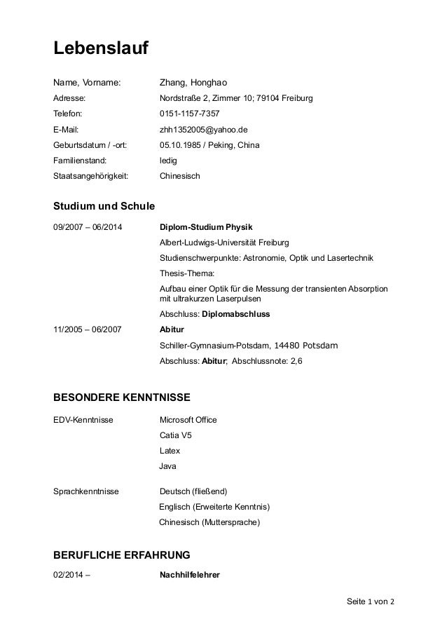 lebenslauf name vorname zhang honghao adresse nordstrae 2 zimmer 10 - Lebenslauf Englisch Bersetzung lebenslauf name vorname zhang honghao adresse nordstrae 2 zimmer 10 - Lebenslauf Englisch Bersetzung