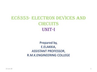 Ec8353- electron devices and
circuits
unit-i
Prepared by,
E.ELAKKIA,
ASSISTANT PROFESSOR,
R.M.K.ENGINEERING COLLEGE
15-Jun-20 1
 