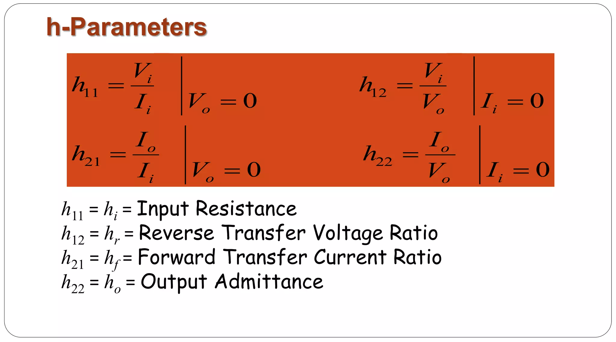 11 12
21 22
0 0
0 0
i i
o ii o
o o
o ii o
V V
h h
V II V
I I
h h
V II V
 
 
 
 
h-Parameters
h11 = hi = Input Resistance
h12 = hr = Reverse Transfer Voltage Ratio
h21 = hf = Forward Transfer Current Ratio
h22 = ho = Output Admittance
 