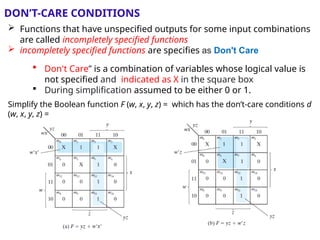 DON’T-CARE CONDITIONS
Simplify the Boolean function F (w, x, y, z) = which has the don’t-care conditions d
(w, x, y, z) =
 Don't Care” is a combination of variables whose logical value is
not specified and indicated as X in the square box
 During simplification assumed to be either 0 or 1.
 Functions that have unspecified outputs for some input combinations
are called incompletely specified functions
 incompletely specified functions are specifies as Don't Care
 