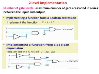 2 level implementation
Number of gate levels -maximum number of gates cascaded in series
between the input and output.
 