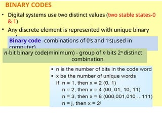 • Digital systems use two distinct values (two stable states-0
& 1)
• Any discrete element is represented with unique binary
code
BINARY CODES
Binary code -combinations of 0’s and 1’s(used in
computer).
n‐bit binary code(minimum) - group of n bits 2n
distinct
combination
 