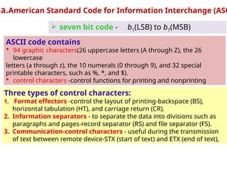  seven bit code - b1(LSB) to b7(MSB)
a.American Standard Code for Information Interchange (ASC
ASCII code contains
 94 graphic characters(26 uppercase letters (A through Z), the 26
lowercase
letters (a through z), the 10 numerals (0 through 9), and 32 special
printable characters, such as %, *, and $).
 control characters -control functions for printing and nonprinting
Three types of control characters:
1. Format effectors -control the layout of printing-backspace (BS),
horizontal tabulation (HT), and carriage return (CR).
2. Information separators - to separate the data into divisions such as
paragraphs and pages-record separator (RS) and file separator (FS).
3. Communication‐control characters - useful during the transmission
of text between remote device-STX (start of text) and ETX (end of text),
 