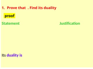 1. Prove that . Find its duality
Statement Justification
Its duality is
proof
 