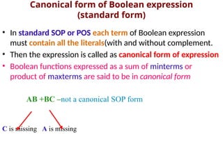Canonical form of Boolean expression
(standard form)
• In standard SOP or POS each term of Boolean expression
must contain all the literals(with and without complement.
• Then the expression is called as canonical form of expression
• Boolean functions expressed as a sum of minterms or
product of maxterms are said to be in canonical form
AB +BC –not a canonical SOP form
C is missing A is missing
 