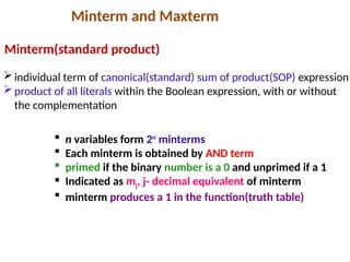 Minterm and Maxterm
Minterm(standard product)
individual term of canonical(standard) sum of product(SOP) expression
product of all literals within the Boolean expression, with or without
the complementation
 n variables form 2n
minterms
 Each minterm is obtained by AND term
 primed if the binary number is a 0 and unprimed if a 1
 Indicated as mj, j- decimal equivalent of minterm
 minterm produces a 1 in the function(truth table)
 