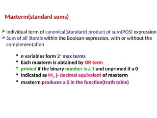  n variables form 2n
max terms
 Each maxterm is obtained by OR term
 primed if the binary number is a 1 and unprimed if a 0
 Indicated as Mj, j- decimal equivalent of maxterm
 maxterm produces a 0 in the function(truth table)
Maxterm(standard sums)
individual term of canonical(standard) product of sum(POS) expression
Sum of all literals within the Boolean expression, with or without the
complementation
 