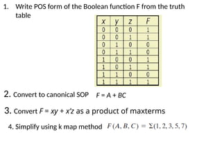 F = A + BC
1. Write POS form of the Boolean function F from the truth
table
2. Convert to canonical SOP
3. Convert F = xy + x’z as a product of maxterms
4. Simplify using k map method
 