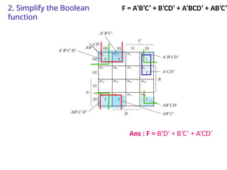 F = ABC + BCD + ABCD + ABC
F = A’B’C’ + B’CD’ + A’BCD’ + AB’C’
2. Simplify the Boolean
function
Ans : F = B’D’ + B’C’ + A’CD’
 