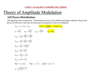 Theory of Amplitude Modulation
AM Power Distribution:
AM signal has three components : Unmodulated carrier, lower sideband and upper sideband. Hence total
power of AM wave is the sum of carrier power and powers in the two sidebands .
UNIT I ANALOG COMMUNICATION
𝑃𝑡𝑜𝑡𝑎𝑙 = 𝑃𝑐 + 𝑃𝑙𝑠𝑏 + 𝑃𝑢𝑠𝑏 𝑃𝑜𝑤𝑒𝑟 =
𝑉𝑜𝑙𝑡𝑎𝑔𝑒 2
𝑅𝑒𝑠𝑖𝑠𝑡𝑎𝑛𝑐𝑒
𝑉𝑜𝑙𝑡𝑎𝑔𝑒 =
𝐸
2
𝑃𝑐 =
(
𝐸𝑐
2
)2
𝑅
𝑃𝑙𝑠𝑏 =
(
𝐸𝑚
2 2
)2
𝑅
𝑃𝑢𝑠𝑏 =
(
𝐸𝑚
2 2
)2
𝑅
𝐸𝑚 = 𝑚𝐸𝑐
𝑃𝑡𝑜𝑡𝑎𝑙 =
𝐸𝑐
2
2𝑅
+
(
𝑚 𝐸𝑐
2 2
)2
𝑅
+
(
𝑚 𝐸𝑐
2 2
)2
𝑅
𝑃𝑡𝑜𝑡𝑎𝑙 =
𝐸𝑐
2
2𝑅
+
𝑚2𝐸𝑐
2
8𝑅
+
𝑚2𝐸𝑐
2
8𝑅
𝑃𝑡𝑜𝑡𝑎𝑙 =
𝐸𝑐
2
2𝑅
+ 2(
𝑚2𝐸𝑐
2
8𝑅
)
𝑃𝑡𝑜𝑡𝑎𝑙 =
𝐸𝑐
2
2𝑅
+
𝑚2𝐸𝑐
2
4𝑅
𝑃𝑡𝑜𝑡𝑎𝑙 =
𝐸𝑐
2
2𝑅
(1 +
𝑚2
2
)
𝑃𝑡𝑜𝑡𝑎𝑙 = 𝑃𝑐(1 +
𝑚2
2
)
𝑃𝑡𝑜𝑡𝑎𝑙
𝑃𝑐
= (1 +
𝑚2
2
) ;
𝑃𝑡𝑜𝑡𝑎𝑙
𝑃𝑐
− 1 =
𝑚2
2
; 2
𝑃𝑡𝑜𝑡𝑎𝑙
𝑃𝑐
− 1 = 𝑚2
𝑚 = 2(
𝑃𝑡𝑜𝑡𝑎𝑙
𝑃𝑐
− 1)
 