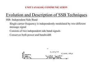 Evolution and Description of SSB Techniques
ISB- Independent Side Band
Single carrier frequency is independently modulated by two different
message signal
Consists of two independent side band signals
Conserves both power and bandwidth
UNIT I ANALOG COMMUNICATION
 