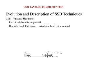 Evolution and Description of SSB Techniques
VSB – Vestigial Side Band
Part of side band is suppressed
One side band, Full carrier, part of side band is transmitted
UNIT I ANALOG COMMUNICATION
 