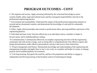 PROGRAM OUTCOMES - CONT
6. The engineer and society: Apply reasoning informed by the contextual knowledge to assess
societal, health, safety, legal and cultural issues and the consequent responsibilities relevant to the
professional engineering practice.
7. Environment and sustainability: Understand the impact of the professional engineering solutions in
societal and environmental contexts, and demonstrate the knowledge of, and need for sustainable
development.
8. Ethics: Apply ethical principles and commit to professional ethics and responsibilities and norms of the
engineering practice.
9. Individual and team work: Function effectively as an individual, and as a member or leader in
diverse teams, and in multidisciplinary settings.
10. Communication: Communicate effectively on complex engineering activities with the engineering
community and with society at large, such as, being able to comprehend and write effective reports and
design documentation, make effective presentations, and give and receive clear instructions.
11. Project management and finance: Demonstrate knowledge and understanding of the engineering and
management principles and apply these to one‘s own work, as a member and leader in a team, to manage
projects and in multidisciplinary environments.
12. Life-long learning: Recognize the need for, and have the preparation and ability to engage in
independent and life-long learning in the broadest context of technological change.
4/5/2022 Karpagam Insitute of Technology 6
 