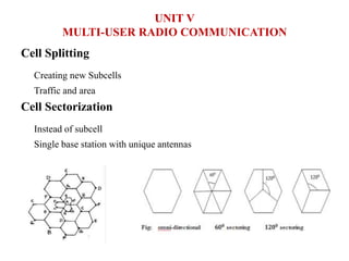 Cell Splitting
Creating new Subcells
Traffic and area
Cell Sectorization
Instead of subcell
Single base station with unique antennas
UNIT V
MULTI-USER RADIO COMMUNICATION
 