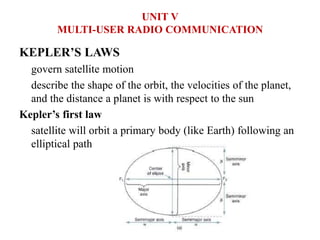 KEPLER’S LAWS
govern satellite motion
describe the shape of the orbit, the velocities of the planet,
and the distance a planet is with respect to the sun
Kepler’s first law
satellite will orbit a primary body (like Earth) following an
elliptical path
UNIT V
MULTI-USER RADIO COMMUNICATION
 