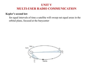 Kepler’s second law
for equal intervals of time a satellite will sweep out equal areas in the
orbital plane, focused at the barycenter
UNIT V
MULTI-USER RADIO COMMUNICATION
 