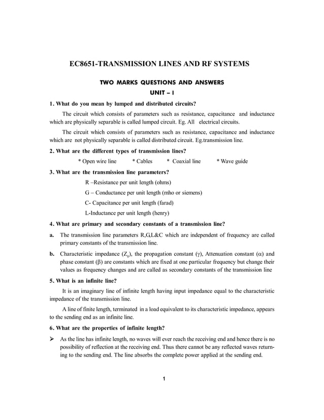 EC8651 Transmissions lines and RF systemstwo marks PDF