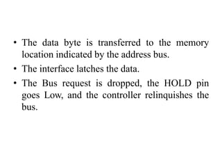 • The data byte is transferred to the memory
location indicated by the address bus.
• The interface latches the data.
• The Bus request is dropped, the HOLD pin
goes Low, and the controller relinquishes the
bus.
 
