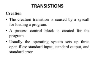 TRANSISTIONS
Creation
• The creation transition is caused by a syscall
for loading a program.
• A process control block is created for the
program.
• Usually the operating system sets up three
open files: standard input, standard output, and
standard error.
 