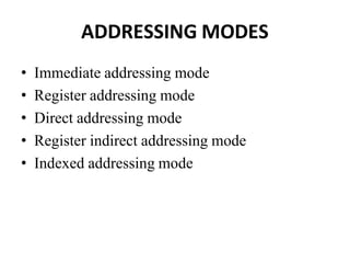 ADDRESSING MODES
• Immediate addressing mode
• Register addressing mode
• Direct addressing mode
• Register indirect addressing mode
• Indexed addressing mode
 