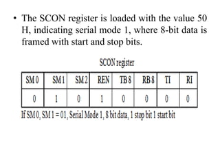 • The SCON register is loaded with the value 50
H, indicating serial mode 1, where 8-bit data is
framed with start and stop bits.
 