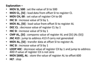 Explanation –
• MOV SI, 500 : set the value of SI to 500
• MOV CL, [SI] : load data from offset SI to register CL
• MOV CH, 00 : set value of register CH to 00
• INC SI : increase value of SI by 1.
• MOV AL, [SI] : load value from offset SI to register AL
• DEC CL : decrease value of register CL by 1
• INC SI : increase value of SI by 1
• CMP AL, [SI] : compares value of register AL and [SI] (AL-[SI])
• JNC 413 : jump to address 413 if carry not generated
• MOV AL, [SI] : transfer data at offset SI to register AL
• INC SI : increase value of SI by 1
• LOOP 40C : decrease value of register CX by 1 and jump to address
40D if value of register CX is not zero
• MOV [600], AL : store the value of register AL to offset 600
• HLT : stop
 