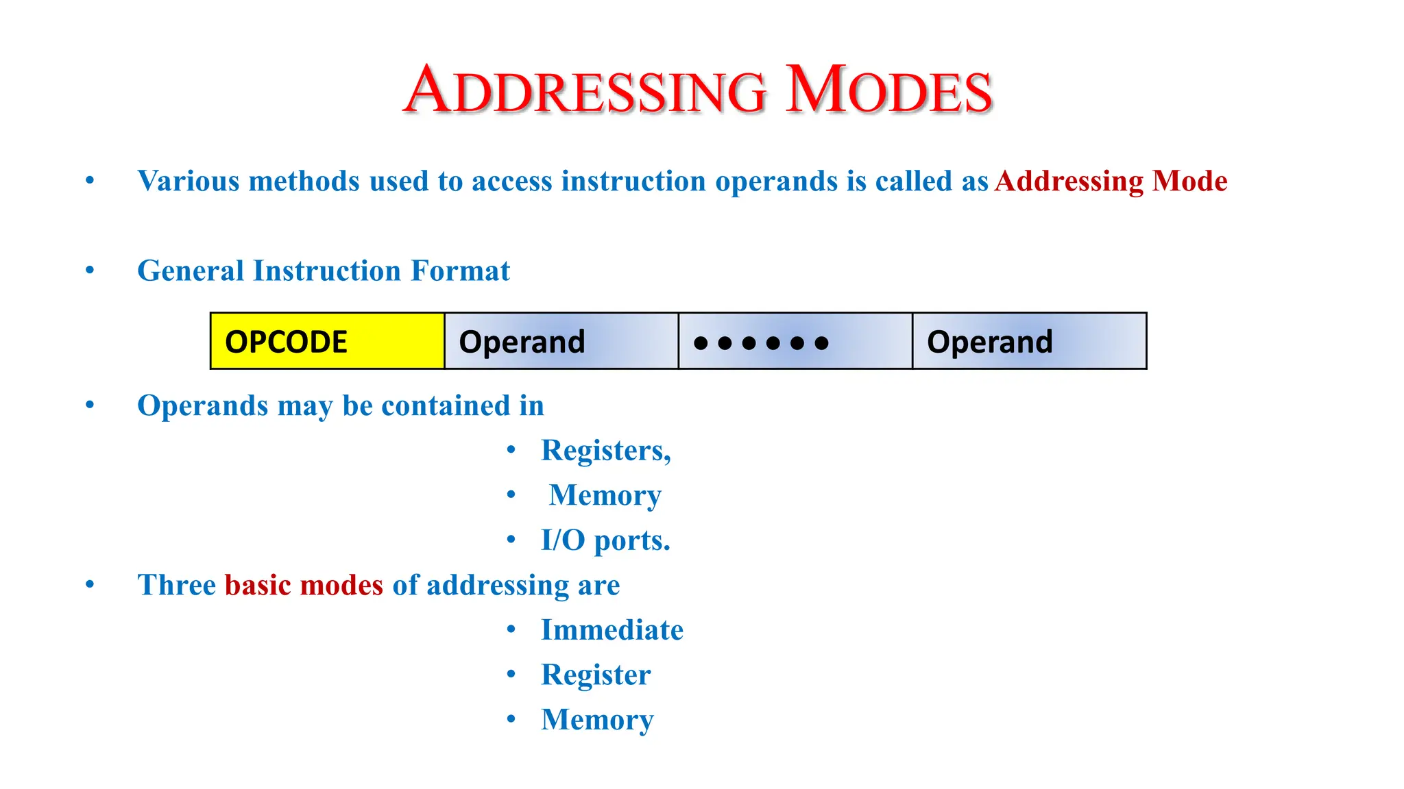 • Various methods used to access instruction operands is called asAddressing Mode
• General Instruction Format
• Operands may be contained in
• Registers,
• Memory
• I/O ports.
• Three basic modes of addressing are
• Immediate
• Register
• Memory
ADDRESSING MODES
OPCODE Operand       Operand
 
