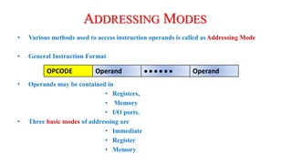 • Various methods used to access instruction operands is called asAddressing Mode
• General Instruction Format
• Operands may be contained in
• Registers,
• Memory
• I/O ports.
• Three basic modes of addressing are
• Immediate
• Register
• Memory
ADDRESSING MODES
OPCODE Operand       Operand
 