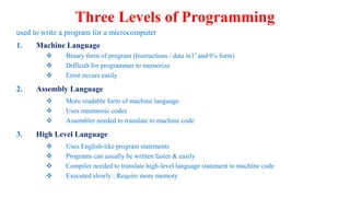 used to write a program for a microcomputer
1. Machine Language
 Binary form of program (Instructions / data in1’ and 0’s form)
 Difficult for programmer to memorize
 Error occurs easily
2. Assembly Language
 More readable form of machine language
 Uses mnemonic codes
 Assembler needed to translate to machine code
3. High Level Language
 Uses English-like program statements
 Programs can usually be written faster & easily
 Compiler needed to translate high-level language statement to machine code
 Executed slowly ; Require more memory
Three Levels of Programming
 