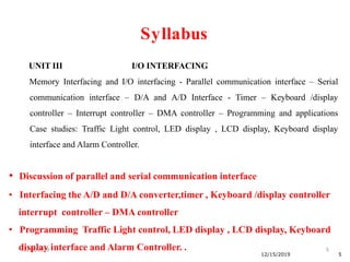 12/15/2019 5
12/15/2019 5
UNIT III I/O INTERFACING
Memory Interfacing and I/O interfacing - Parallel communication interface – Serial
communication interface – D/A and A/D Interface - Timer – Keyboard /display
controller – Interrupt controller – DMA controller – Programming and applications
Case studies: Traffic Light control, LED display , LCD display, Keyboard display
interface and Alarm Controller.
• Discussion of parallel and serial communication interface
• Interfacing the A/D and D/A converter,timer , Keyboard /display controller
interrupt controller – DMA controller
• Programming Traffic Light control, LED display , LCD display, Keyboard
display interface and Alarm Controller. .
Syllabus
 