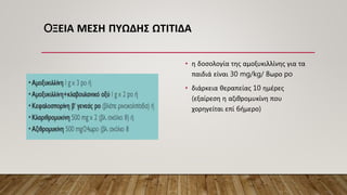 OΞΕΙΑ ΜΕΣΗ ΠΥΩΔΗΣ ΩΤΙΤΙΔΑ
• η δοσολογία της αμοξυκιλλίνης για τα
παιδιά είναι 30 mg/kg/ 8ωρο po
• διάρκεια θεραπείας 10 ημέρες
(εξαίρεση η αζιθρομυκίνη που
χορηγείται επί 6ήμερο)
 