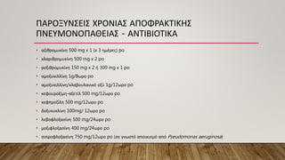 ΠΑΡΟΞΥΝΣΕΙΣ ΧΡΟΝΙΑΣ ΑΠΟΦΡΑΚΤΙΚΗΣ
ΠΝΕΥΜΟΝΟΠΑΘΕΙΑΣ - ΑΝΤΙΒΙΟΤΙΚΑ
• αζιθρομυκίνη 500 mg x 1 (x 3 ημέρες) po
• κλαριθρομυκίνη 500 mg x 2 po
• ροξιθρομυκίνη 150 mg x 2 ή 300 mg x 1 po
• αμοξυκιλλίνη 1g/8ωρο po
• αμοξυκιλλίνη/κλαβουλανικό οξύ 1g/12ωρο po
• κεφουροξίμη-αξετίλ 500 mg/12ωρο po
• κεφπροζίλη 500 mg/12ωρο po
• δοξυκυκλίνη 100mg/ 12ωρο po
• λεβοφλοξασίνη 500 mg/24ωρο po
• μοξιφλοξασίνη 400 mg/24ωρο po
• σιπροφλοξασίνη 750 mg/12ωρο po (σε γνωστό αποικισμό από Pseudomonas aeruginosa)
 