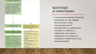 ΚΟΛΠΙΤΙΔΕΣ
Α) ΜΥΚΗΤΙΑΣΙΚΗ
• Η μυκητιασική κολπίτιδα θεωρείται
επιπλεγμένη αν: έχει σοβαρή
κλινική εικόνα, ή είναι
υποτροπιάζουσα (≥ 4
επεισόδια/έτος), ή οφείλεται σε
Candida non albicans, ή
εμφανίζεται στην κύηση ή
παρατηρείται σε γυναίκες με
υποκείμενη νοσηρότητα (π.χ. ΣΔ,
ανοσοκαταστολή).
 