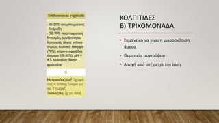 ΚΟΛΠΙΤΙΔΕΣ
Β) ΤΡΙΧΟΜΟΝΑΔΑ
• Σημαντικό να γίνει η μικροσκόπιση
άμεσα
• Θεραπεία συντρόφου
• Αποχή από σεξ μέχρι την ίαση
 