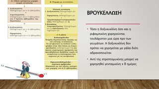 BPOYKEΛΛΩΣH
• Τόσο η δοξυκυκλίνη όσο και η
ριφαμπικίνη χορηγούνται
τουλάχιστον μια ώρα προ των
γευμάτων. Η δοξυκυκλίνη δεν
πρέπει να χορηγείται με γάλα διότι
αδρανοποιείται
• Αντί της στρεπτομυκίνης μπορεί να
χορηγηθεί γενταμικίνη x 8 ημέρες
 