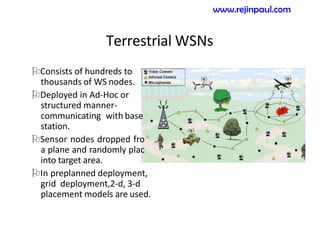 Terrestrial WSNs
m
e
d
Consists of hundreds to
thousands of WS nodes.
Deployed in Ad-Hoc or
structured manner-
communicating with base
station.
Sensor nodes dropped fro
a plane and randomly plac
into target area.
In preplanned deployment,
grid deployment,2-d, 3-d
placement models are used.
www.rejinpaul.com
 