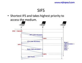SIFS
• Shortest IFS and takes highest priority to
access the medium.
www.rejinpaul.com
 